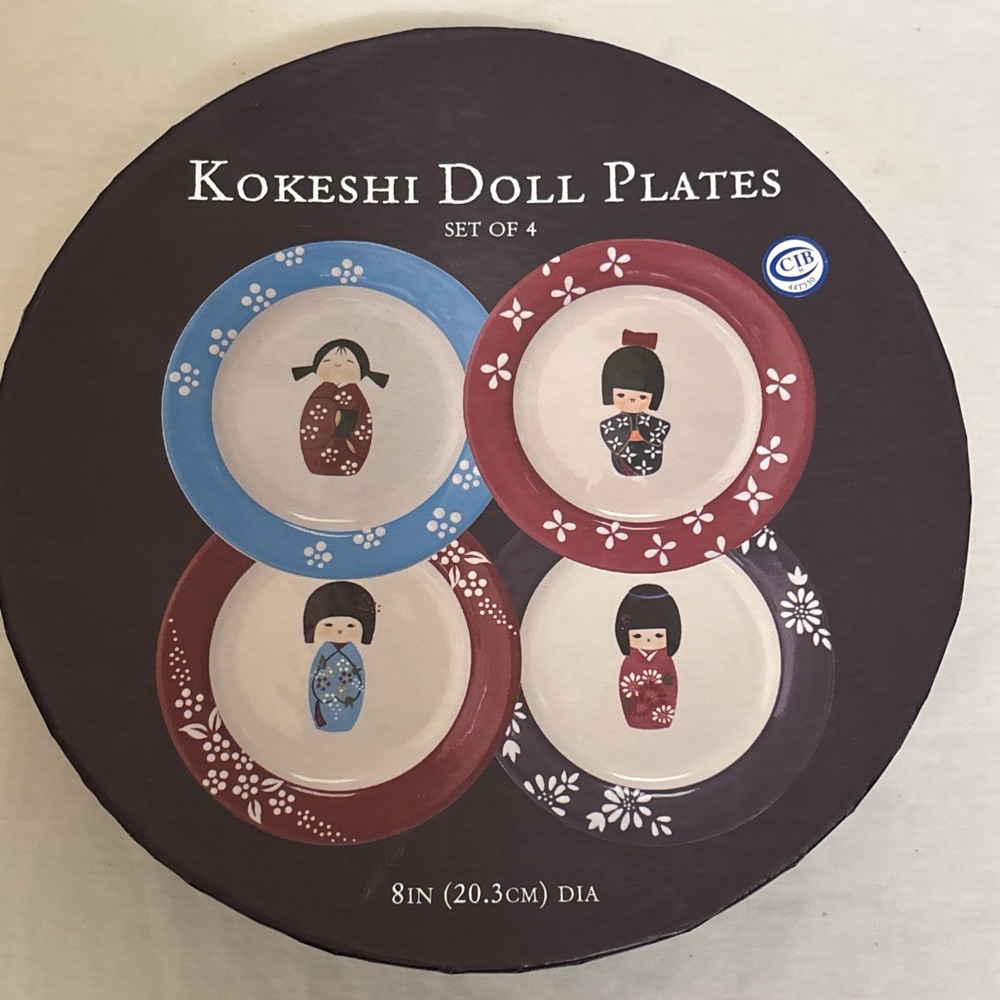 World Market Kokeshi Doll 8 Inch Dessert Plates Set of 4 Ceramic Multicolor